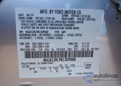 2019 Ford Ecosport Titanium z USA, uszkodzony, nr VIN MAJ6S3KL9KC309888